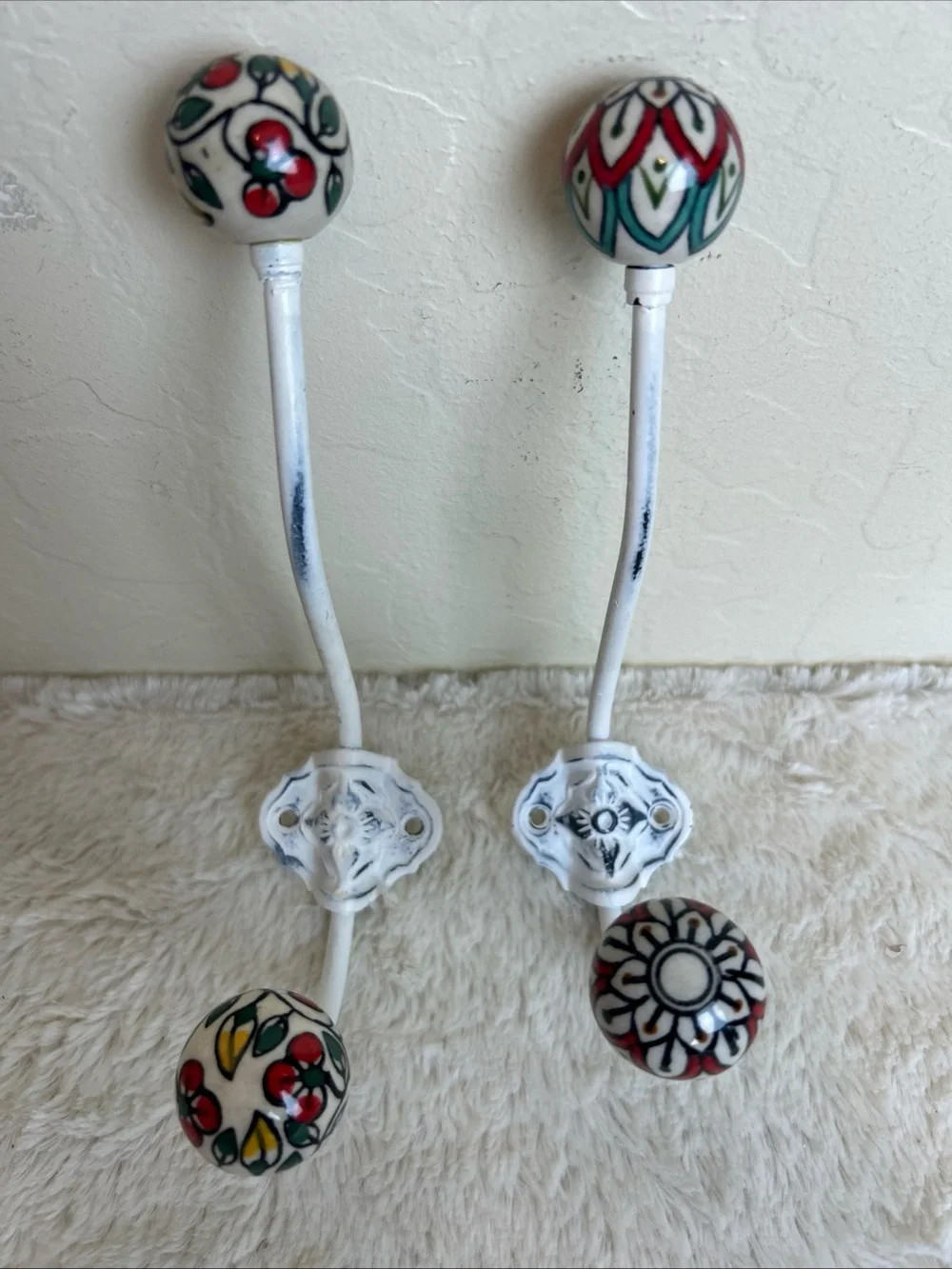 Hand-Painted White Ceramic Floral Wall Hooks - Set of 2